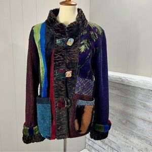 Lee Andersen Patchwork Art To Wear Multicolor Fleece Sweater Knit Cardigan S